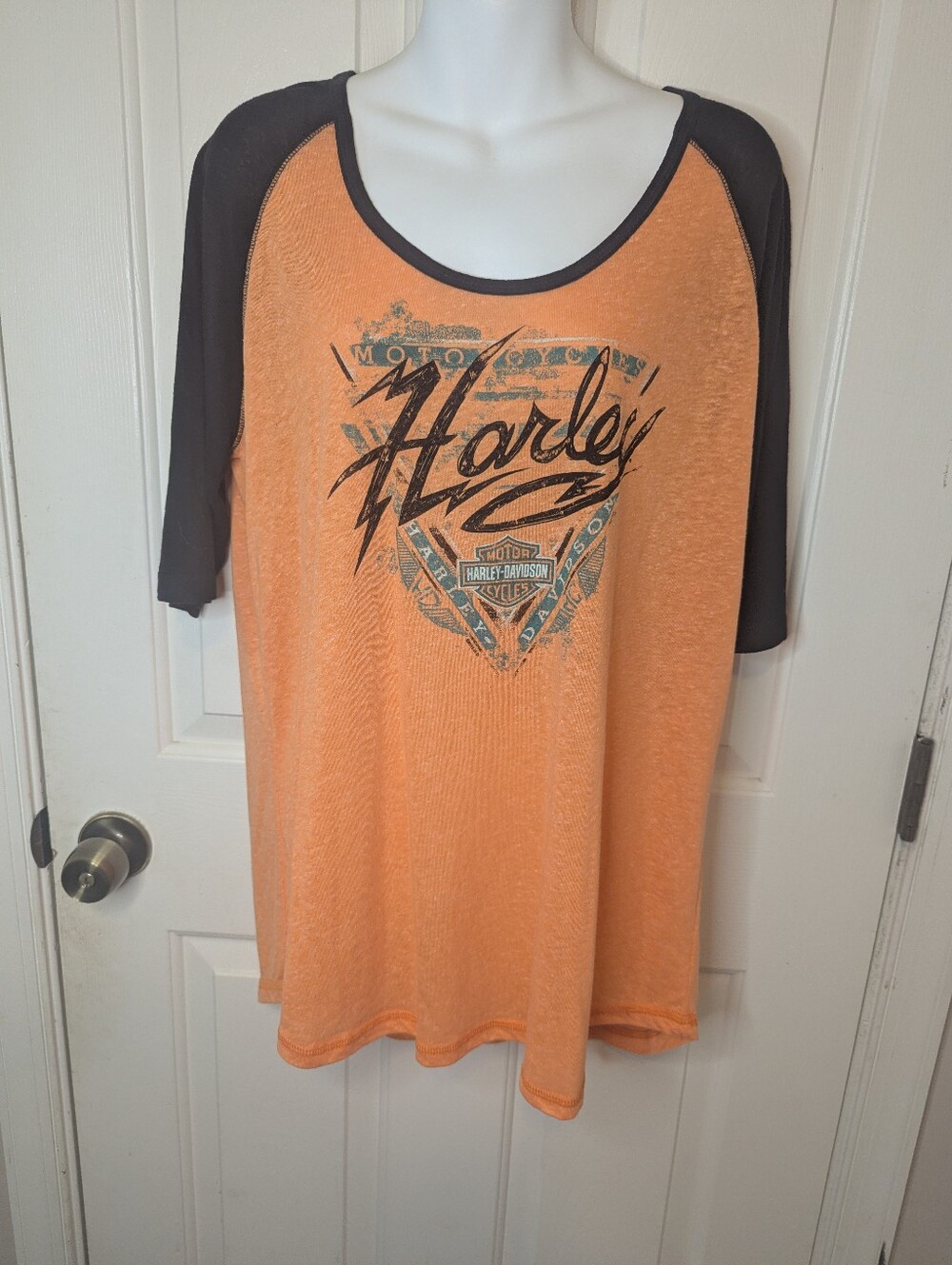 Vintage Harley-Davidson Women's XXL Orange Raglan Burnout Tee Barnett El Paso TX